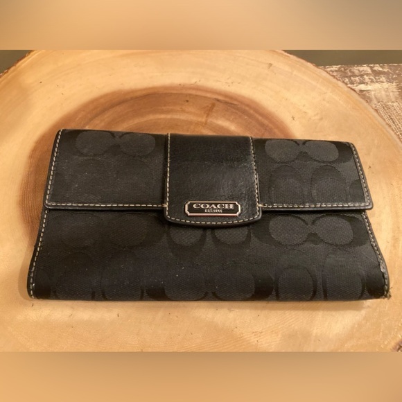 Coach Handbags - Coach Signature, Trifold Longer Wallet Black Print Pink  Leather Interior.